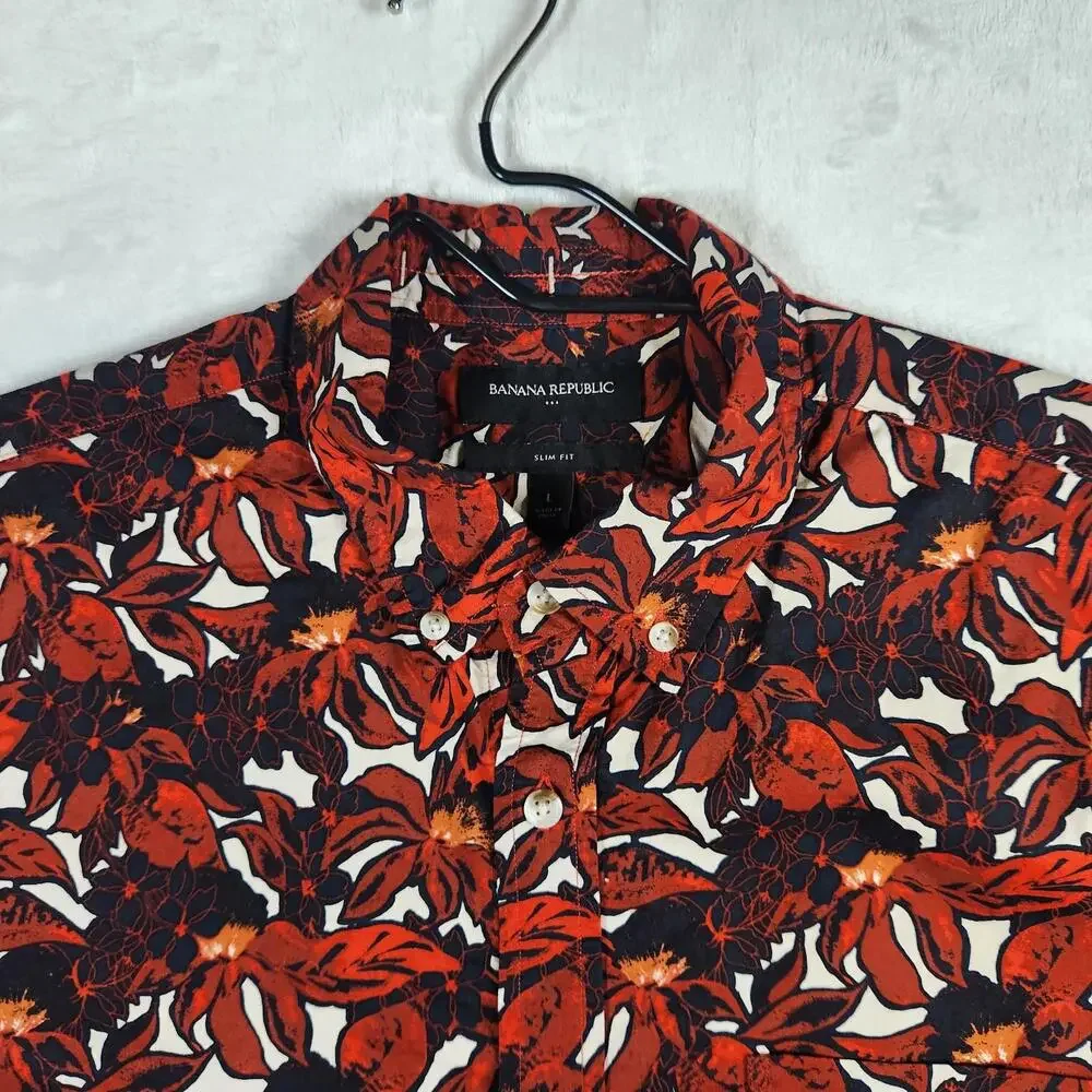 Banana Republic SS Button Up Hawaiian Tropical Shirt Red Slim‎ Fit Sz L